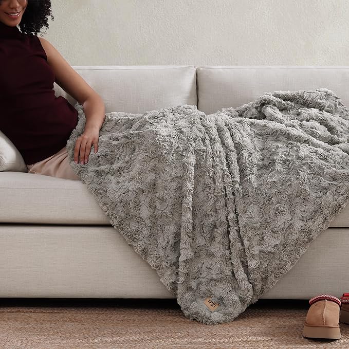 UGG Adalee Faux Fur Throw Blanket Luxury Lightweight Cozy Soft Throw for Couch Bed or Chair Hypoallergenic Machine Washable Double-Sided Fluffy Blanket Home Decor, 50-inch x 70-inch, Seal Grey