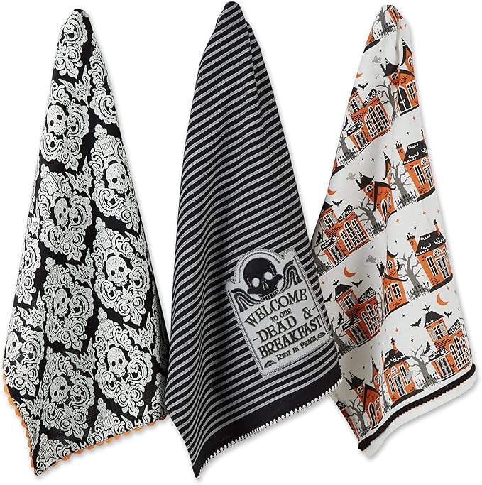 DII Happy Halloween Dishtowel Collection Embellished Cotton Kitchen Hand Towel Set, 18x28, Skull Damask/Haunted House, 3 Count