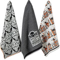 DII Happy Halloween Dishtowel Collection Embellished Cotton Kitchen Hand Towel Set, 18x28, Skull Damask/Haunted House, 3 Count