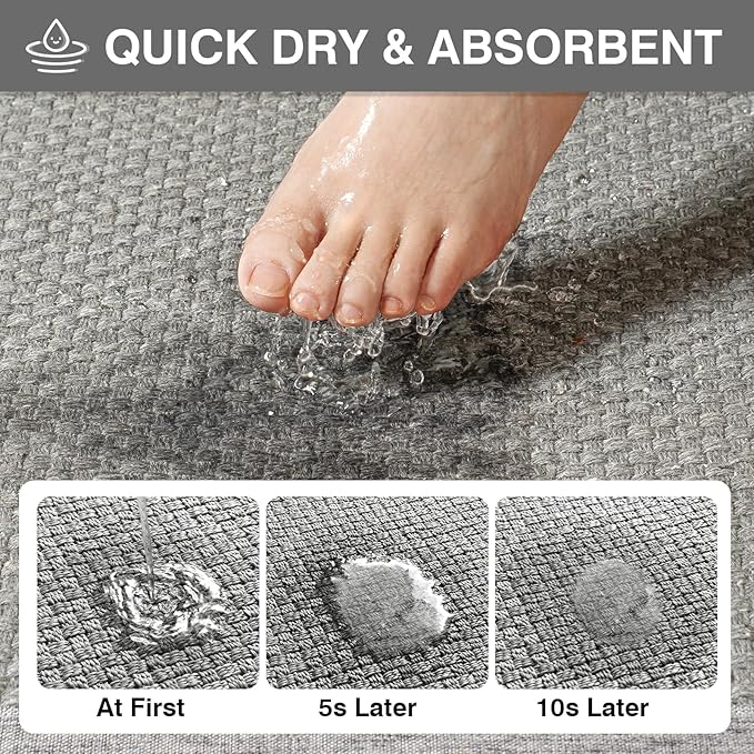 Quick Dry Absorbent Bathroom Rugs Mat Non Slip Bath Mat Ultra Thin Bath Mats Bathroom Mat Floor Rubber Backed Fit Under Door Woven Washable Bath Rugs Gray 16x24