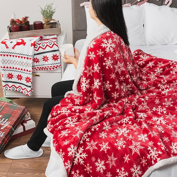PAVILIA Premium Christmas Sherpa Throw Blanket | Red Snowflake Decoration, Fleece, Plush, Warm, Cozy Reversible Microfiber Holiday Blanket 50 x 60