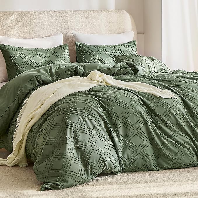 JELLYMONI Duvet Cover Full Size Green - 3PCS Boho Duvet Cover Set Plaid Polyester Tufted Bohemian Jacquard Knit Textured Comforter Cover 80×90in Rhombic Geometric Pattern Corner Ties & Zipper
