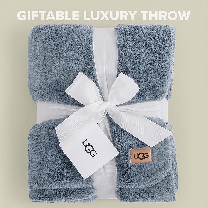 UGG Plush Twin Blanket, Soft Cozy Fleece Blanket for Bed, Luxury Fluffy Oversized Throw for Couch, Washable Hypoallergenic Dorm Essentials, 66" x 90", Denim Blue (Whitecap)