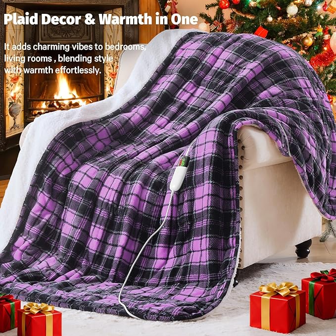 Purple Heated Weighted Blanket for Adults Queen Size 15Lbs 60"x80", 2-in-1 Electric Heating Pad Lap Heavy Blanket for 140-160lbs for Bed, 10 Level 8H Auto Off, Cozy Birthday Gifts for Women Mom Senior