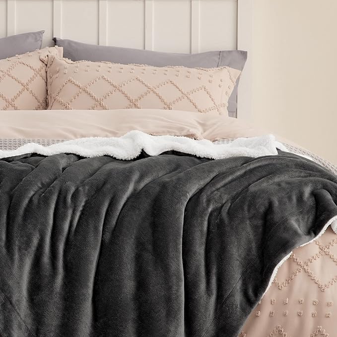 Bedsure GentleSoft Sherpa Fleece Blankets Queen Size for Bed - Thick and Warm Throw for Women and Men, Soft Fuzzy Plush Queen Blanket for Winter, Charcoal, 90x90 Inches