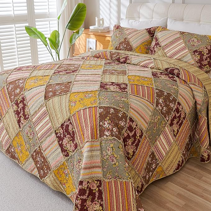 Cmfshape Floral Quilt Sets Bedspread Set 100% Cotton Patchwork Bedding Set, All Season Use Lightweight Reversible Coverlet Quilts with 2 PillowShams(King 106"x96")