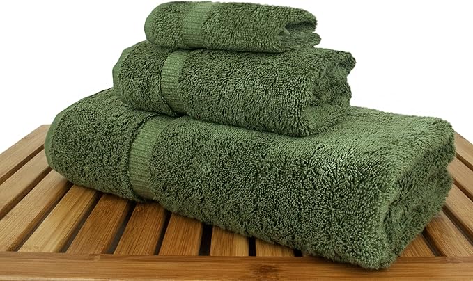 Luxury Hotel & Spa Quality Collection, Quick Dry 100% Turkish Cotton, 750+ GSM, Eco Friendly Towel Set, Bathroom and Kitchen Dobby Border Towels, Bath Towel, Hand Towel, Washcloths (3 Piece, Moss)