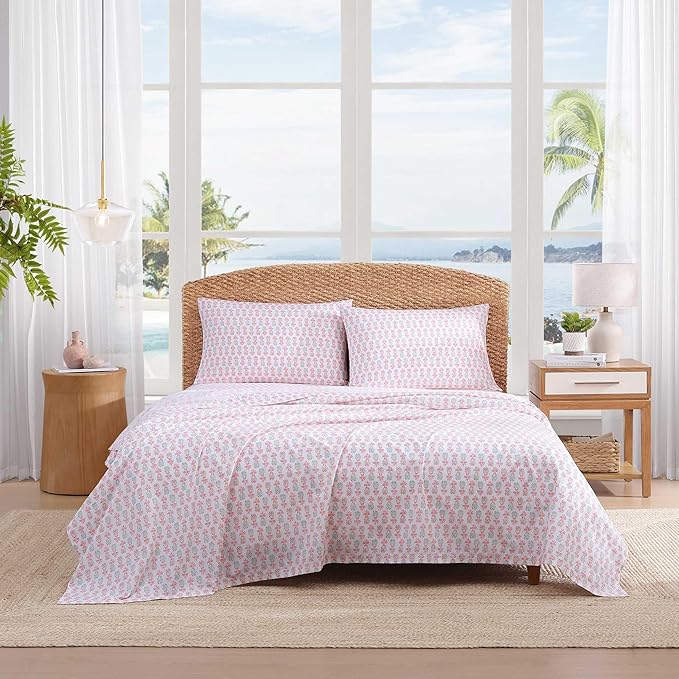 Tommy Bahama - King Sheets, Cotton Percale Coastal Bedding Set with Matching Pillowcases, Crisp & Cool, Coastal Room Essentials (Pineapple Splash Pink, King)