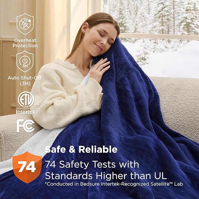 Bedsure Heated Blanket Throw Blanket - Fast Heating Electric Blanket, Soft Flannel Heated Throw with 4 Time Settings, 6 Heating Settings, Warm Gifts for Grandma Granpa (50x60 inches, Pageant Blue)