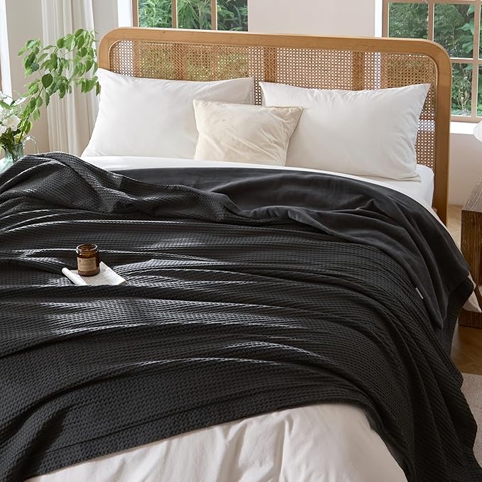CHUFFED Cotton Waffle Blanket Throw Size - Plush Milk Velvet & Reversible Waffle Weave,Anti-Static 300Gsm Design，Thick Cozy Soft Winter Blanket for Bed, Couch, Sofa - Dark Grey, 50x70 Inches
