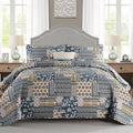 Mybedsoul Dark Grey Quilt Set King Size, 3 Pieces Plaid Floral Bedspread Set Patchwork Reversible Bedding Set Microfiber Lightweight Bedspread Coverlet Set for All Season 110"x90"