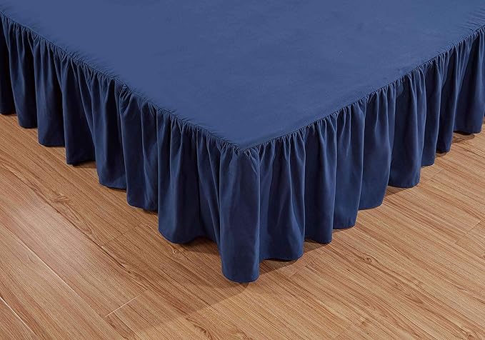 Sheets & Beyond Wrap Around Solid Microfiber Luxury Hotel Quality Fabric Bedroom Gathered Ruffled Bedding Bed Skirt 14 Inch Drop (Twin, Navy)