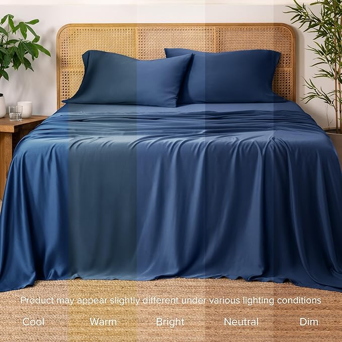 Bare Home 100% Rayon Made from Bamboo Luxury King Sheet Set - 4 Piece Bedding Set - Deep Pockets - Cooling Sheets - Breathable - Easy Fit - Soft Bedding Sheets & Pillowcases (King, Dark Blue)