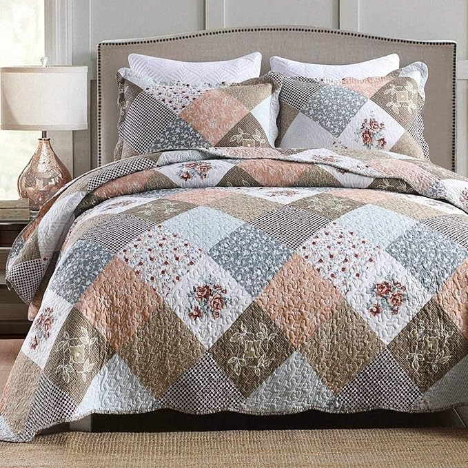 ENJOHOS 3-Piece Quilt Bedspread Sets Queen Size Coverlet Lightweight Reversible Bedspread for Queen Bed Korean Style Flower Garden on Pink Checker Daybed Bedding