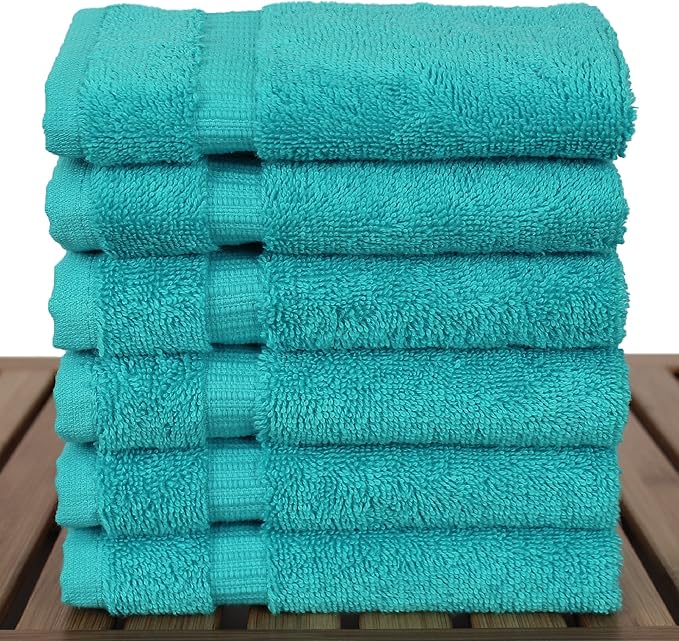 Luxury Hotel & Spa Towel Turkish Cotton Washcloths - Aqua - Dobby Border - Set of 6