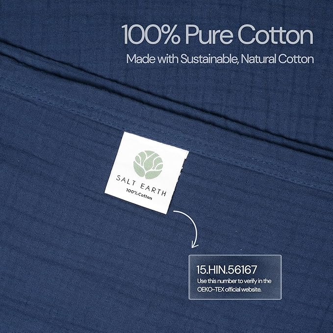 Salt Earth 100% Cotton Muslin Throw Blanket, Gauze Blanket 50"X60" Throw with Tassel 4 Layered for Couch, Bed, Living Room, Home,Lightweight & All Season Blankets & Throws, Skin Friendly(Navy Blue)