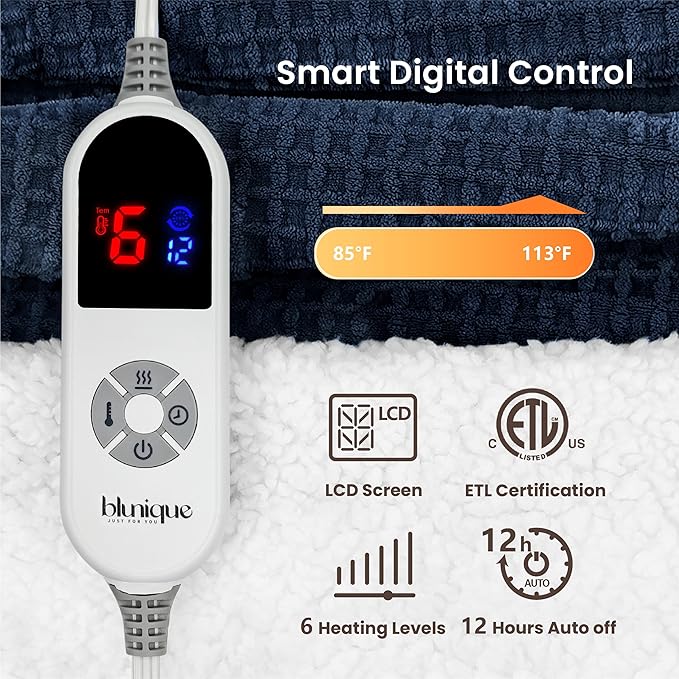 Heated Blanket Electric Blanket Twin Waffle, 62x84 Inches Sherpa Fleece Fast Heating Blanket 6 Heating Levels & 10 Hours Auto Off ETL Certification, Navy Twin