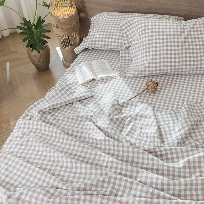 MooMee Gingham Sheet Set 100% Washed Cotton Linen Like Textured Breathable Soft w/Fully Elasticized 16-19" Deep Pocket (Classic Gingham Tannish Linen Grey, King)