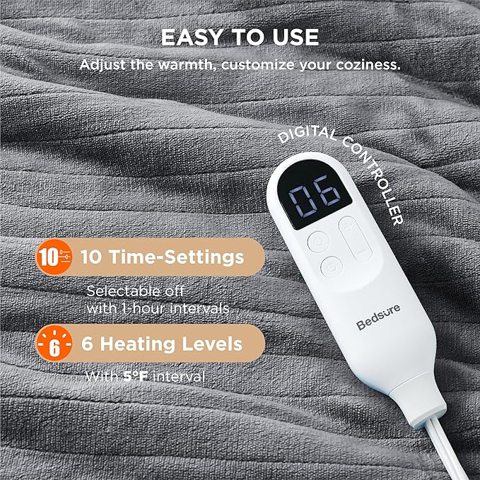 Bedsure Electric Blanket Full Size - Soft Flannel Heated Blanket Full, GentleSoft Fast Heating with 10 Time Settings & 6 Heat Settings, Warm Gift for Grandma (72x84 inches, Grey)