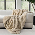 Mon Chateau 60" x 70" Crest Faux Fur Throw, Plush Luxury Blanket for Couch, Sofa, or Bed, Soft Reversible Throw Blanket for Sleeping, Home & Room Decor, Sandstone Jacquard