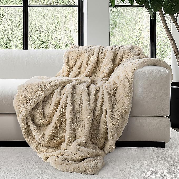 Mon Chateau 60" x 70" Crest Faux Fur Throw, Plush Luxury Blanket for Couch, Sofa, or Bed, Soft Reversible Throw Blanket for Sleeping, Home & Room Decor, Sandstone Jacquard