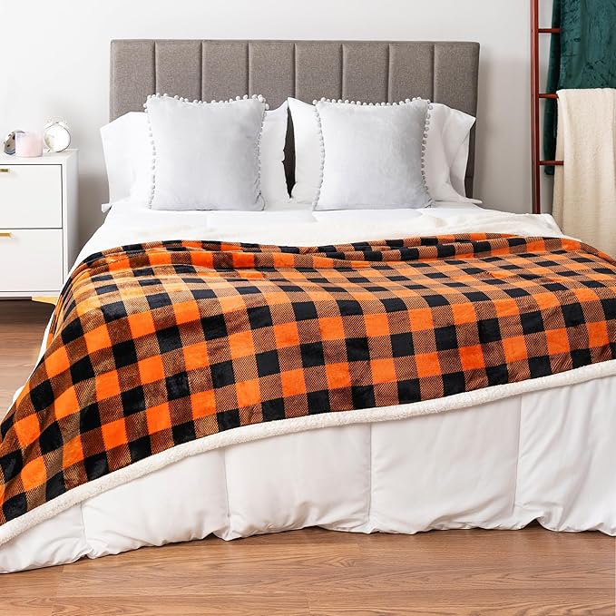 PAVILIA Black Orange Buffalo Plaid Sherpa Throw Blanket for Couch Twin, Soft Fuzzy Flannel Blanket for Bed, Plush Halloween Checkered Fleece Blanket and Throws, Warm Thick Winter Blanket Gift, 60x80
