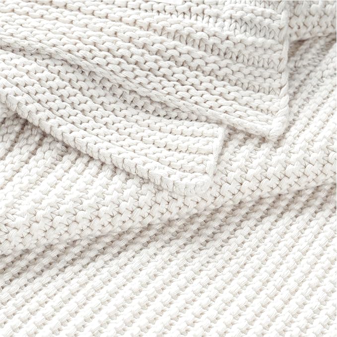 Makemake Organics Organic Cotton Throw Blanket GOTS Certified Organic Knit Blanket Couch Bed Neutral Fall Colors Soft Cotton Throw Blanket Large (50x60, Ivory)
