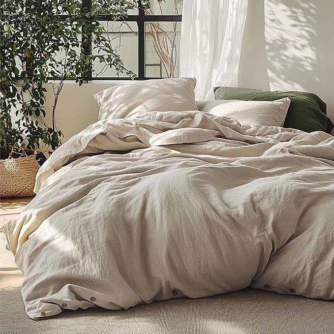 Bedsure Linen Duvet Cover California King - Linen Cotton Blend Bedding Set, Soft & Cozy, 3 Pieces, 1 Duvet Cover 104x98 and 2 Pillowcases, Light Khaki Color Cooling Bedding, Comforter Sold Separately
