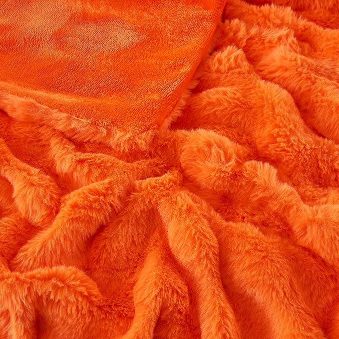 Fluffy Luxury Faux Rabbit Fur Bubble Blanket - Warm & Cozy Fuzzy Plush Thick Decorative Throw Blanket for Bed, Sofa - Queen Size 90''x90'', Orange