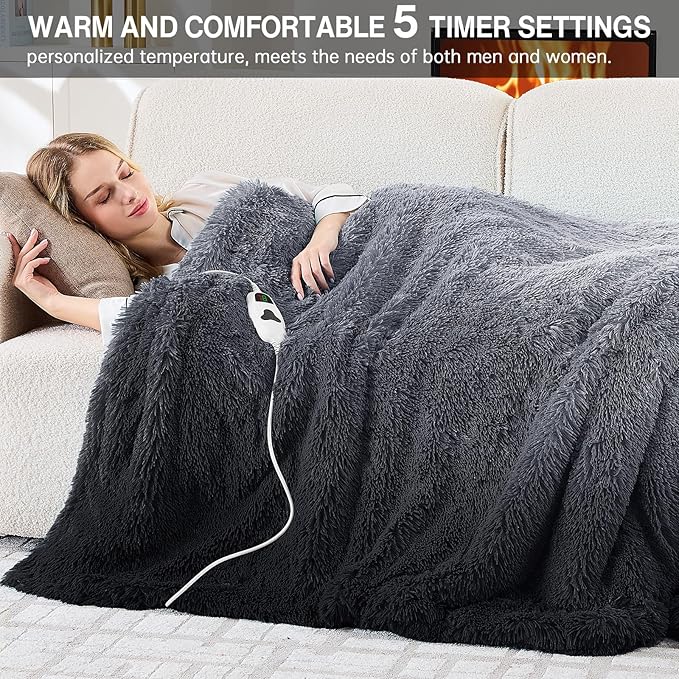 Heated Electric Blanket Throw–Faux Fur with Soft Thick Sherpa,Warm Winter Birthday Gifts for Women Grandma，10 Heat Settings,5 Time Settings with Fast Heating, 50x60, Midnight Black