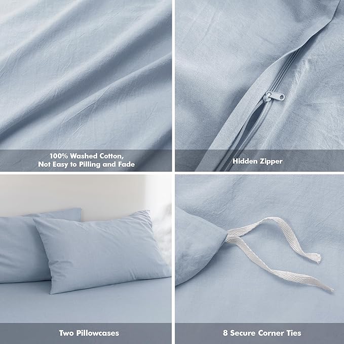FOSSA Duvet Cover Set 100% Washed Cotton Linen Feel Super Soft Breathable Cozy 3 Pieces Bedding Sets Solid Cornflower Blue Super King
