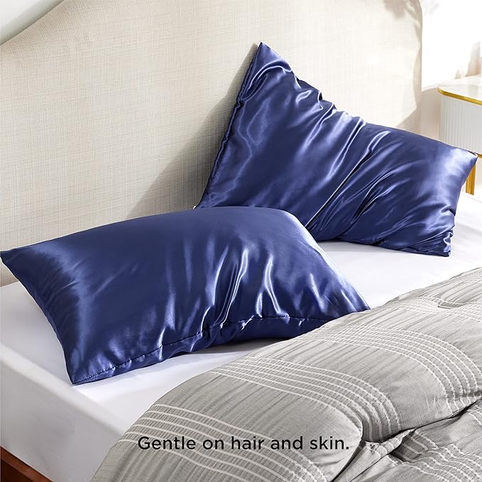 Bedsure Satin Pillowcase with Zipper, Similar to Silk Pillow Cases 2 Pack, Silky & Soft Satin Pillow Cases Standard Size for Hair and Skin, Navy Pillow Covers, Gifts for Women Men, 20x26 Inches