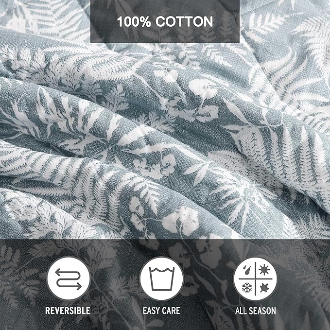 Eddie Bauer - Twin Quilt Set, Reversible Cotton Bedding with Matching Sham, Wildflower Inspired Home Decor with Stripe Reverse (Fern Garden Green, Twin)
