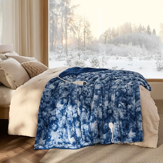 Bedsure Faux Fur Heated Blanket Twin Size, Fast Heating Electric Blanket Twin Size with 6 Heating Levels & 10 Time Settings, Cozy Gifts for Women Men (62x84 inches, Denim Blue)