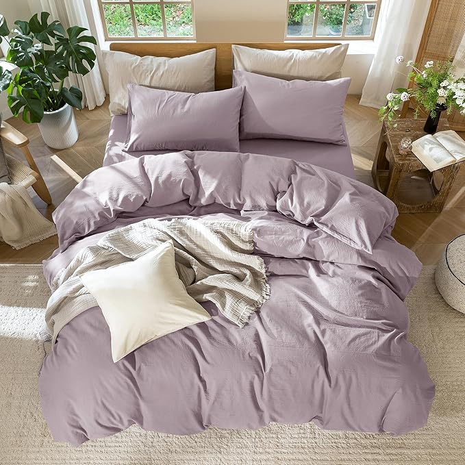 MooMee Bedding Duvet Cover Set 100% Washed Cotton Linen Like Textured Breathable Durable Soft Comfy (Solid Taro Purple, Oversized King Plus 128"x120")
