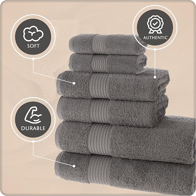 MAURA Basics Bath Towel Sets for Bathroom with Hanging Hook Loops. 2 Bath Towels, 2 Hand Towels, 2 Washcloths, Soft, Durable, Long Lasting and Absorbent Towels Set, Space Gray