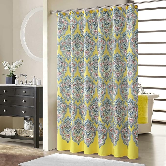 Extra Long Shower Curtain 84 Inches, Water Repellent Fabric with Vibrant Brazilian Medallion Print, 12 Metal Grommets & Weighted Hem, 72x84 Inches