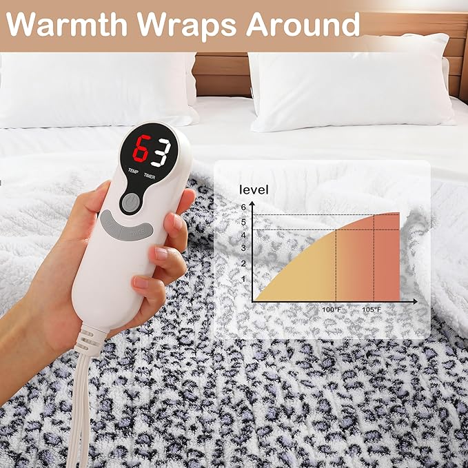 Electric Heated Blanket Full Size 72×84, 10H Auto Off & 6 Heating Settings Fluffy Ultra Soft Warmth Lightweight Cozy Plush Sherpa Machine Washable, Fast Heating, Home Office Leopard Print Blue & White