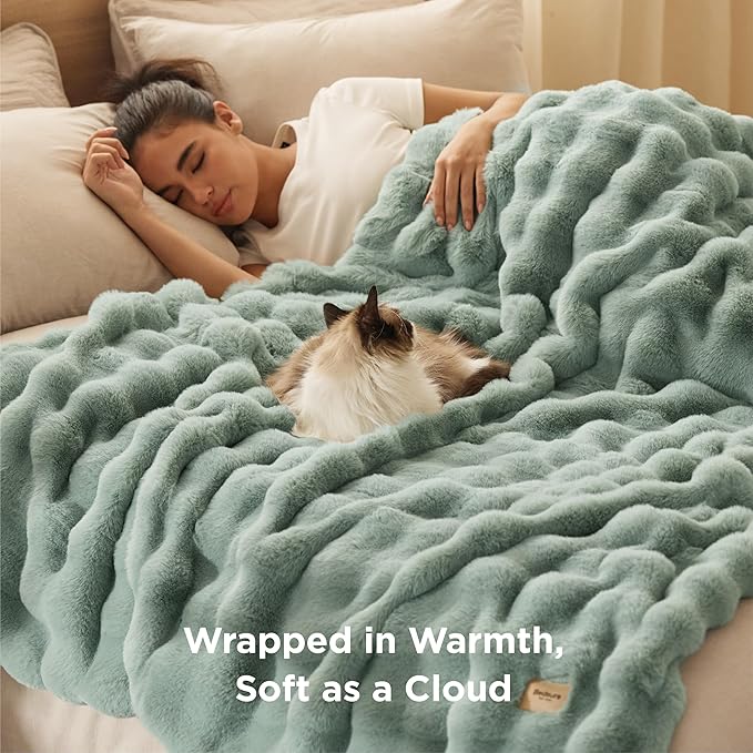 Bedsure GentleSoft Fluffy Faux Fur Blanket Twin Size, Fuzzy Soft Bubble Blanket for Couch, Faux Fur Decor for Home Living Room, Thick Furry Cozy Gifts for Women, Sage Green, 60x80 Inch