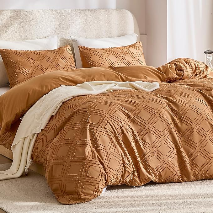 JELLYMONI Duvet Cover Twin Size Rust - 3PCS Boho Duvet Cover Set Plaid Polyester Tufted Bohemian Jacquard Knit Textured Comforter Cover 68×90in Rhombic Geometric Pattern Corner Ties & Zipper