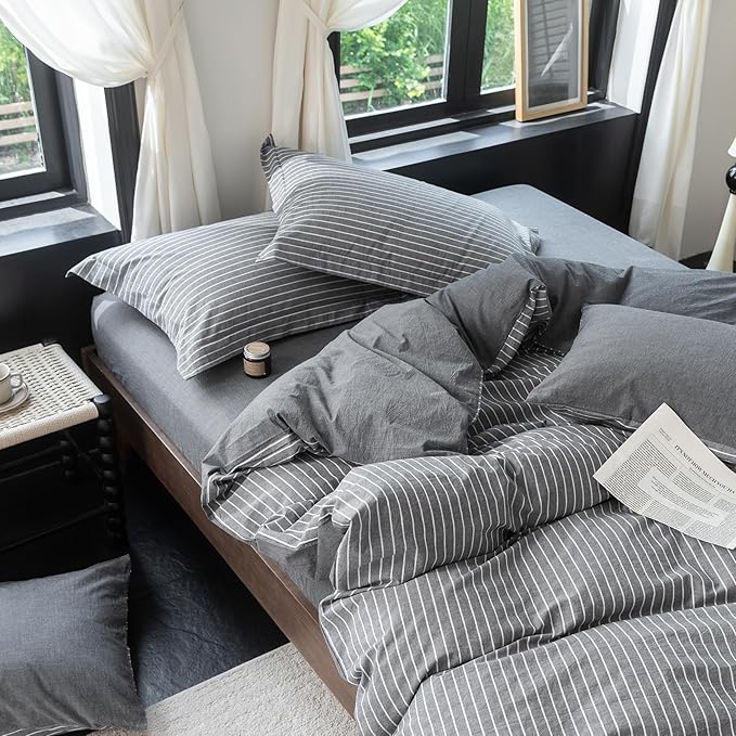 Reversible Duvet Cover Set 100% Washed Cotton Dark Grey Pinstripe Linen Feel Duvet Cover King Size with Zipper Closure & 2 Pillow Shams,Dark Grey/White Pinstripe Reverse Solid Dark Grey