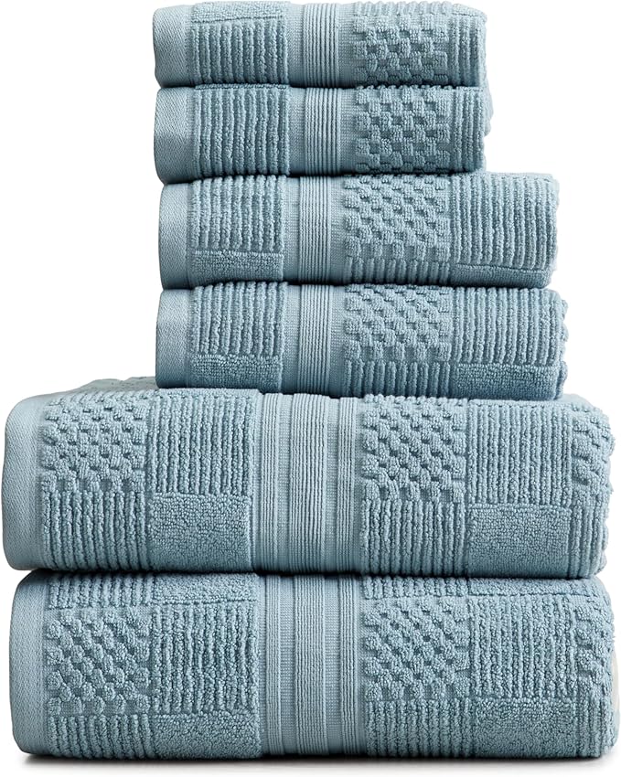 Springtree Home 100% Cotton Bathroom Towel Set | 6 Piece Set - Blue Towels | Geometric Textured Design | Absorbent & Quick-Dry | Oeko-TEX® Standard 100 Cotton | Myla Collection - Arona Blue