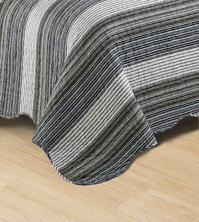 Brilliant Sunshine Multi Grey Stripes Patchwork, 3-Piece Quilt Set with 2 Shams, Reversible Bedspread, Soft Lightweight Coverlet, All-Season, Full/Queen, Multi Grey