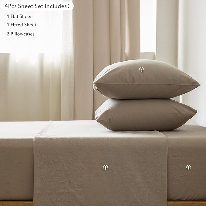 MooMee Bedding Sheet Set 100% Washed Cotton Linen Like Textured Breathable Durable Soft Comfy (Solid Mocha Brown, Twin XL)
