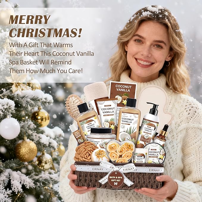 Christmas Gifts For Women - 16 PCS Gift Basket for Women Set of Coconut Vanilla Self Pampering Set, Includes Luxurious Home Spa Shower Gel Bubble Bath