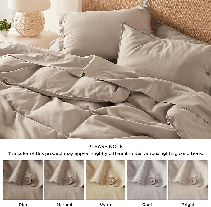 Bedsure Linen Duvet Cover Queen Size - Linen Cotton Blend Bedding Set, Soft & Cozy, 3 Pieces, 1 Duvet Cover 90x90 Inches and 2 Pillowcases, Warm Tan Color Cooling Bedding, Comforter Sold Separately