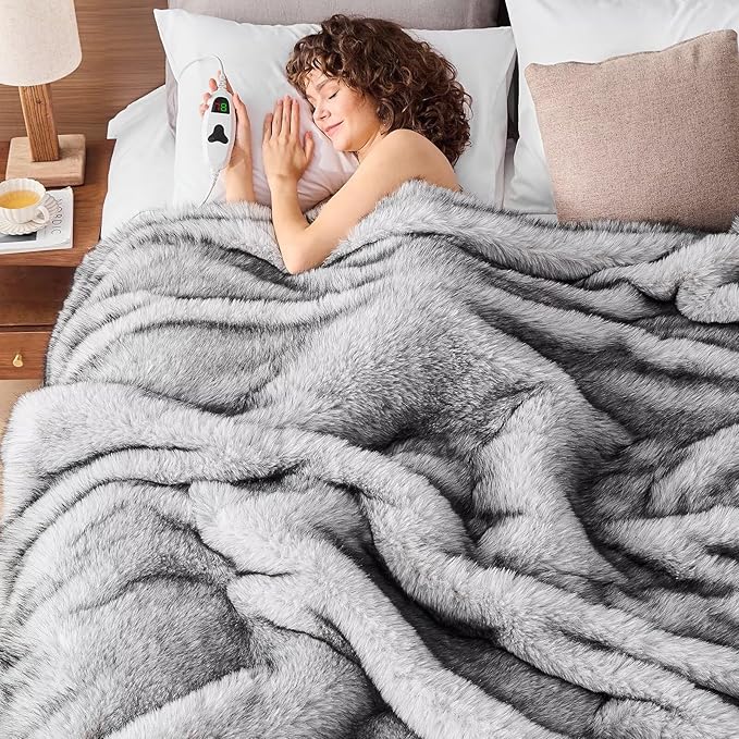Heated Electric Blanket Throw,Octrot 50"X60" Faux Fur Heating Blanket Luxury Christmas Gifts Heavy Plush with 10 Heats Levels & 8 Hours Auto Off,Super Cozy Warm Fuzzy,Fluffy Decor Winter Warming,Grey