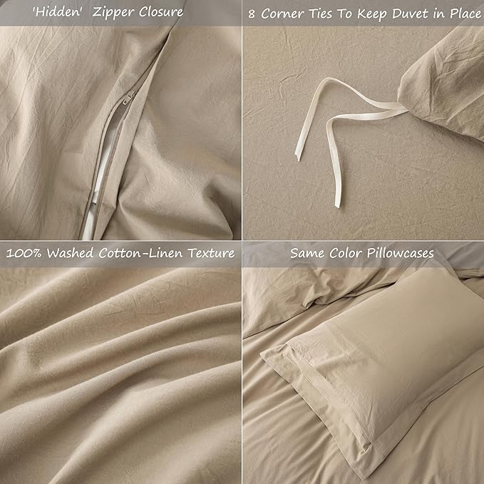 Linen Feel Duvet Cover Queen Size 90inch x 90inch,100% Washed Cotton Duvet Cover with Zipper Closure and 2 Pillowcases, Color of Mocha Brown