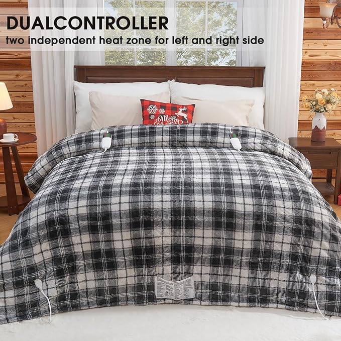 OCTROT Black Electric Heated Blanket King Size, 90X100 Black Blanket with Dual Control&10 Heats Levels&Timer for Bed,Large Plaid Sherpa Heating Blankets Warmer Gifts for Grandma Women Adults,Washable