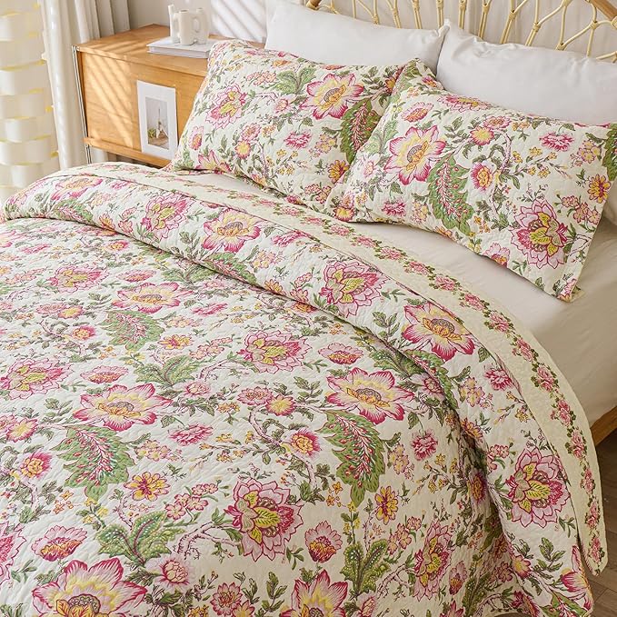 Cmfshape Floral Quilt Sets Bedspread Set 100% Cotton Bedding Set, All Season Use Lightweight Reversible Coverlet Quilts with 2 Pillow Shams(Queen 92"x96")
